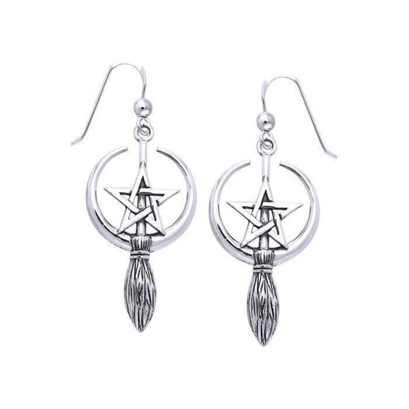 Crescent Moon Broom Pentacle Sterling Silver Earrings - Picture 2 of 2